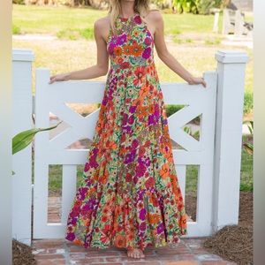 Halle Printed Halter Maxi Dress - Fuschia Floral